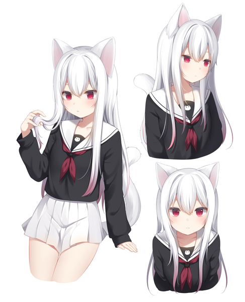 Anime picture 1200x1476 with original nachi long hair tall image looking at viewer blush fringe simple background hair between eyes red eyes white background animal ears payot looking away upper body white hair tail head tilt animal tail pleated skirt
