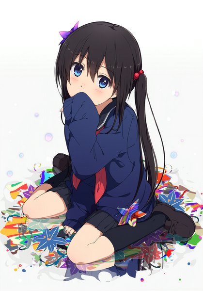 Anime picture 803x1150 with original ogipote single long hair tall image looking at viewer blush blue eyes black hair white background sitting twintails long sleeves wariza girl skirt miniskirt socks black socks