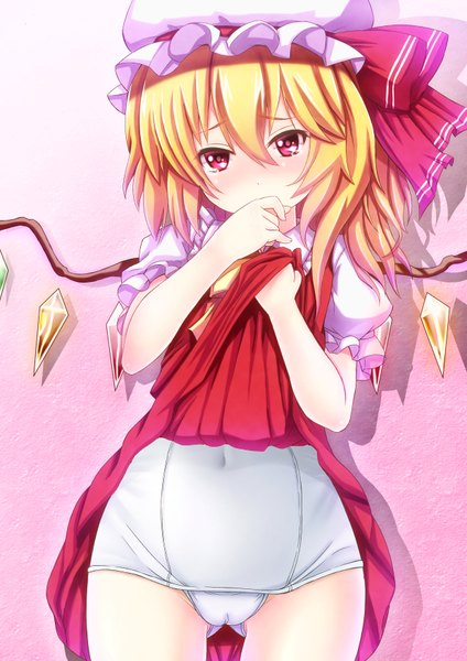 Anime picture 2480x3508 with touhou flandre scarlet ebi 193 single tall image looking at viewer highres short hair light erotic simple background blonde hair standing pink eyes embarrassed skirt lift pink background girl skirt navel swimsuit