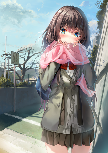 Anime picture 781x1104 with original wingheart single long hair tall image looking at viewer blush fringe blue eyes hair between eyes brown hair standing holding sky cloud (clouds) outdoors pleated skirt open clothes covered mouth bare tree