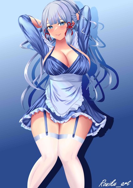 Anime picture 3508x4961 with genshin impact kamisato ayaka ronikx art long hair tall image looking at viewer fringe highres breasts blue eyes light erotic simple background smile large breasts standing signed payot blue hair absurdres cleavage