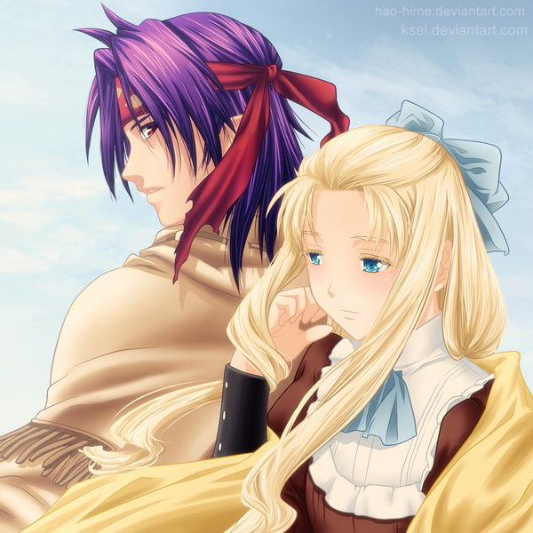 Anime picture 1000x1000 with chrono crusade gonzo chrono mary magdalene hao-hime ksei long hair blush blue eyes blonde hair red eyes sky purple hair cloud (clouds) profile looking back coloring girl dress boy