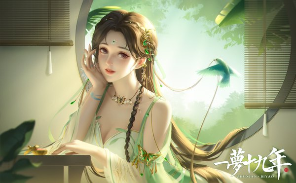 Anime picture 3536x2188 with zhu xian bi yao tagme (artist) single long hair looking at viewer highres brown hair wide image brown eyes absurdres cleavage upper body indoors braid (braids) traditional clothes parted lips realistic off shoulder wide sleeves