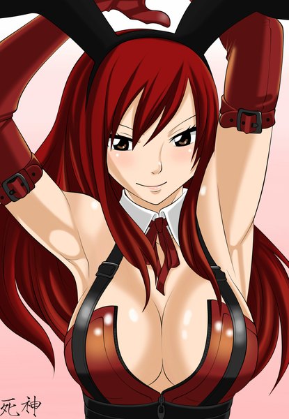 Anime picture 1416x2046 with fairy tail erza scarlet sophie4391 single long hair tall image breasts light erotic simple background smile large breasts brown eyes animal ears red hair arms up armpit (armpits) bunny ears coloring pink background girl