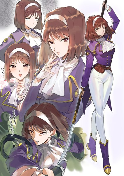 Anime picture 708x1000 with sakura taisen kanzaki sumire ekao tall image looking at viewer blush fringe short hair open mouth simple background smile brown hair standing white background holding brown eyes looking away parted lips arm up mole