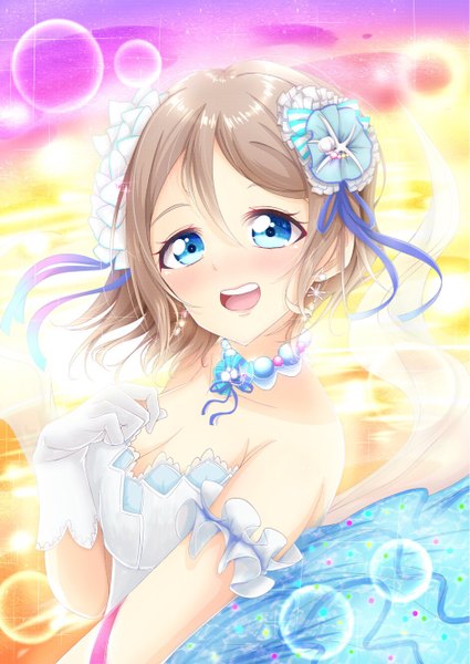 Anime picture 944x1334 with love live! sunshine!! sunrise (studio) love live! watanabe you aria (pixiv id 13554108) single tall image looking at viewer blush fringe short hair breasts open mouth blue eyes light erotic smile hair between eyes brown hair bare shoulders upper body