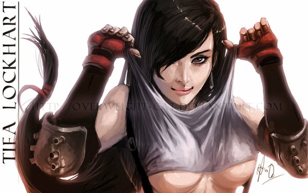 Anime picture 800x500 with final fantasy final fantasy vii square enix tifa lockhart overweight-cat single long hair looking at viewer fringe breasts light erotic black hair red eyes large breasts white background signed hair over one eye inscription arms up underboob