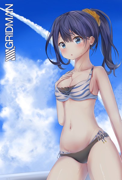 Anime picture 1685x2488 with gridman universe ssss.gridman studio trigger takarada rikka mogu pachi single long hair tall image looking at viewer blush fringe breasts open mouth blue eyes light erotic hair between eyes blue hair sky cleavage cloud (clouds)