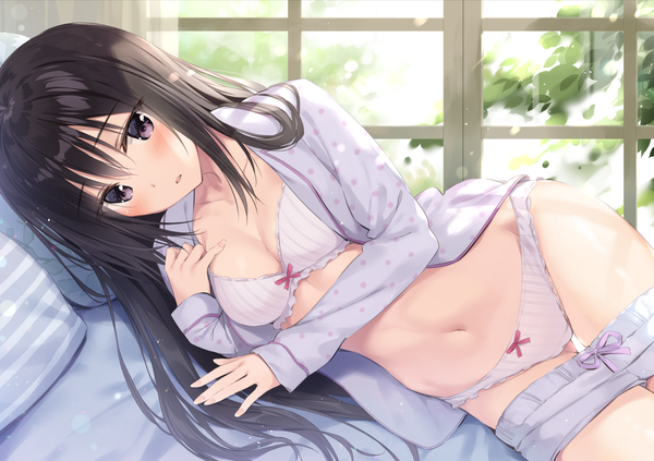 Anime picture 1200x847 with original oryou single long hair looking at viewer blush fringe breasts open mouth light erotic black hair hair between eyes purple eyes cleavage indoors lying long sleeves open clothes bare belly embarrassed