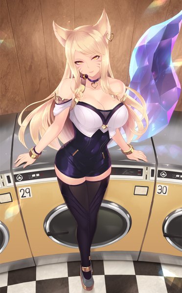Anime picture 900x1450 with league of legends k/da (league of legends) ahri (league of legends) k/da ahri cait single long hair tall image looking at viewer blush fringe breasts light erotic blonde hair large breasts standing bare shoulders yellow eyes payot cleavage