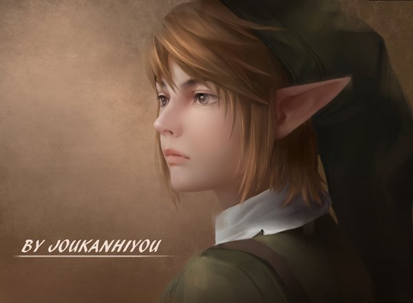 Anime picture 1099x809 with the legend of zelda nintendo link shangguan feiying single fringe short hair simple background brown hair signed looking away upper body profile lips pointy ears realistic grey eyes portrait brown background boy