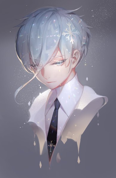 Anime picture 700x1078 with houseki no kuni antarcticite songjikyo single tall image fringe short hair simple background hair between eyes silver hair grey background portrait silver eyes androgynous hair ornament necktie snowflake (snowflakes) snowflake hair ornament