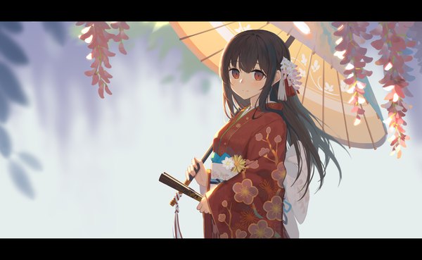 Anime picture 5700x3508 with original hagi (ame hagi) single long hair looking at viewer blush fringe highres hair between eyes brown hair wide image holding brown eyes payot absurdres outdoors long sleeves traditional clothes japanese clothes blurry