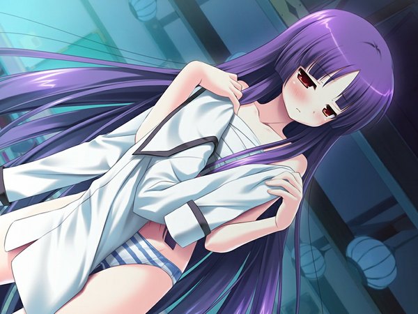 Anime picture 1024x768 with ouka sengoku! uesugi kenshin (ouka sengoku) long hair light erotic red eyes game cg purple hair girl underwear panties