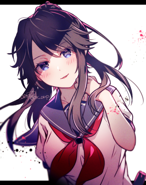 Anime picture 714x900 with yandere simulator yandere-chan aicedrop single long hair tall image looking at viewer blush fringe open mouth blue eyes black hair simple background hair between eyes white background signed upper body ponytail light smile blurry
