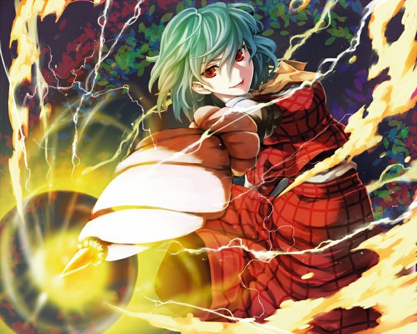 Anime picture 1000x800 with touhou kazami yuuka hinomoto madoka single short hair smile red eyes green hair magic glowing closed umbrella glowing weapon girl skirt umbrella skirt set