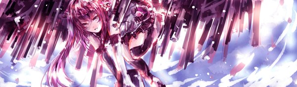 Anime picture 2000x593 with kantai collection yamato super battleship mi bait single long hair looking at viewer fringe open mouth wide image pink hair sky pink eyes flying girl thighhighs gloves black thighhighs elbow gloves pink gloves