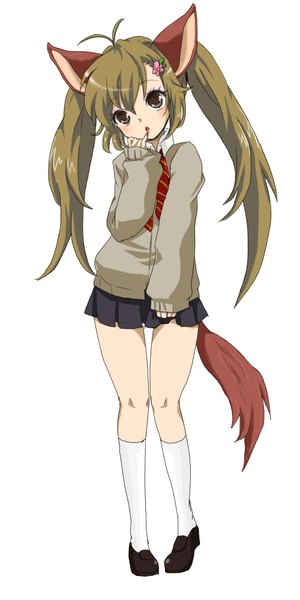 Anime picture 1000x2000 with tera online mamoro (artist) single long hair tall image blush simple background white background twintails brown eyes animal ears ahoge animal tail finger to mouth girl uniform hair ornament school uniform socks hairclip