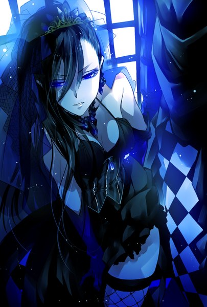 Anime-Bild 1181x1748 mit original tayuya1130 single long hair tall image blue eyes black hair checkered girl dress gloves black dress jewelry tiara veil