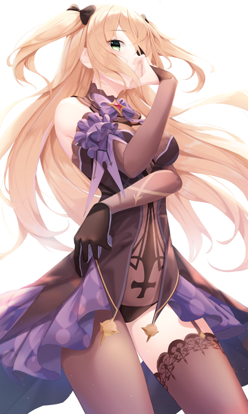 Anime picture 3000x5000 with genshin impact fischl (genshin impact) g home single long hair tall image highres light erotic simple background blonde hair standing white background green eyes two side up hand on face girl thighhighs bow hair bow detached sleeves