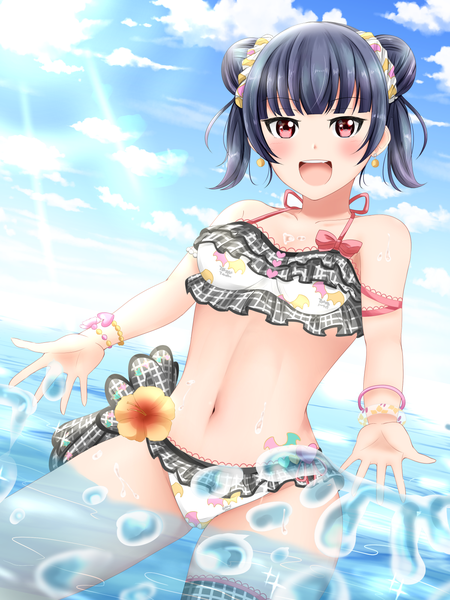 Anime-Bild 1200x1600 mit love live! sunshine!! sunrise (studio) love live! tsushima yoshiko kamesys single tall image looking at viewer blush fringe short hair breasts open mouth light erotic blue hair sky cloud (clouds) outdoors blunt bangs :d