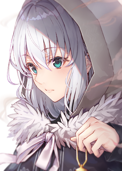 Anime picture 990x1390 with fate (series) lord el-melloi ii case files gray (fate) black cola single tall image blush fringe short hair simple background hair between eyes white background holding looking away upper body aqua eyes blurry fur trim symbol-shaped pupils heart-shaped pupils