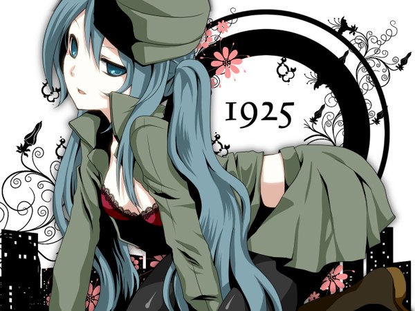 Anime picture 1400x1050 with vocaloid 1925 (vocaloid) hatsune miku yayoi (egoistic realism) single long hair breasts open mouth twintails aqua eyes aqua hair open clothes open jacket on all fours girl skirt flower (flowers) miniskirt boots peaked cap