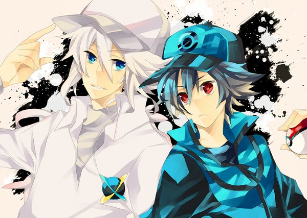 Anime picture 1124x800 with pokemon pokemon black and white nintendo n (pokemon) hilbert (pokemon) long hair short hair blue eyes smile red eyes white hair grey hair multiple boys adjusting hat alternate color boy pendant 2 boys flat cap pokeball