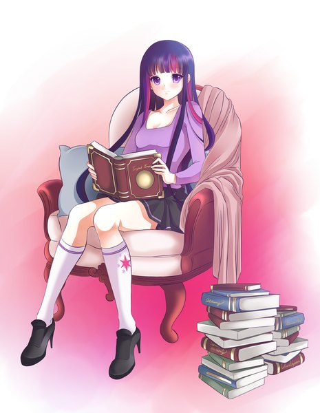 Anime picture 800x1033 with my little pony twilight sparkle rurutia8 single long hair tall image looking at viewer blush fringe simple background sitting purple eyes holding pink hair purple hair pleated skirt multicolored hair two-tone hair high heels streaked hair