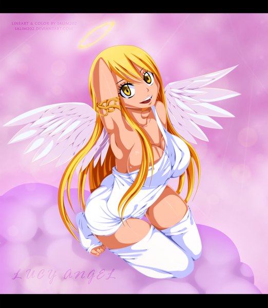 Anime picture 1670x1919 with fairy tail lucy heartfilia salim202 single long hair tall image breasts open mouth light erotic blonde hair smile large breasts bare shoulders yellow eyes from above armpit (armpits) coloring angel wings girl thighhighs