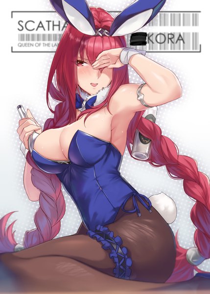 Anime picture 2220x3106 with fate (series) fate/grand order scathach (fate) (all) ohland single long hair tall image blush fringe highres breasts open mouth light erotic simple background hair between eyes red eyes sitting holding animal ears payot