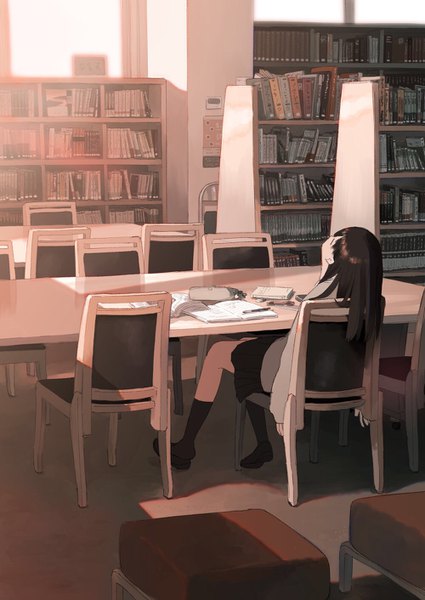 Anime picture 1000x1412 with original tadano (toriaezu na page) single long hair tall image black hair sitting full body indoors eyes closed from behind girl uniform school uniform book (books) chair table shelf bookshelf library