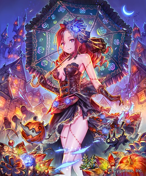 Anime picture 3000x3600 with shingeki no bahamut ceres (shingeki no bahamut) okada manabi single long hair tall image looking at viewer highres breasts light erotic smile large breasts purple eyes bare shoulders holding cleavage red hair parted lips night official art