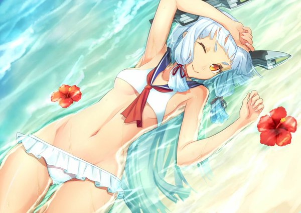 Anime picture 1000x707 with kantai collection murakumo destroyer shingo (missing link) single long hair looking at viewer light erotic smile blue hair lying one eye closed wink orange eyes tress ribbon girl navel hair ornament flower (flowers) ribbon (ribbons) swimsuit