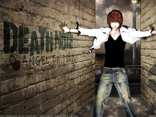 Anime picture 1600x1200 with death note madhouse yagami light obata takeshi single looking at viewer fringe short hair brown hair standing black eyes inscription open clothes open shirt copyright name spread arms third-party edit boy shirt bracelet