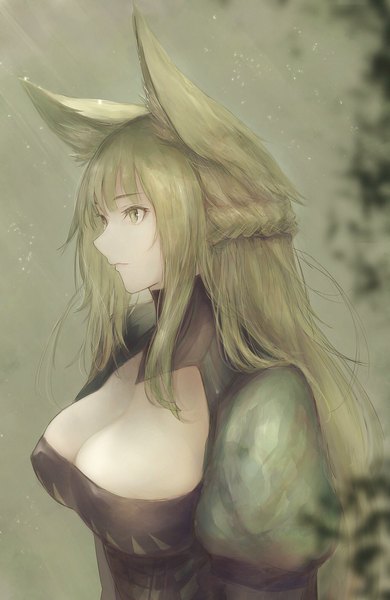 Anime picture 1317x2023 with fate (series) fate/grand order atalanta (fate) marumoru single long hair tall image fringe breasts light erotic blonde hair large breasts green eyes animal ears payot looking away cleavage upper body braid (braids) profile