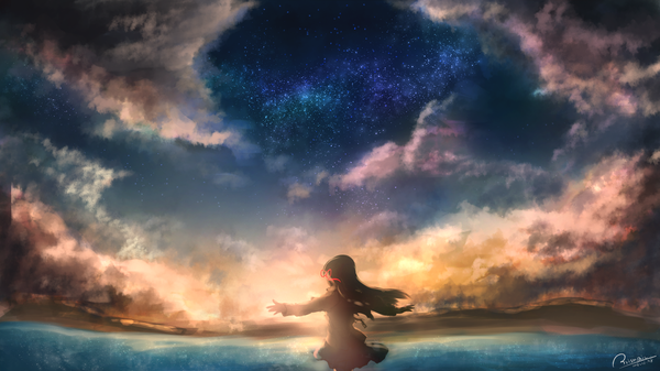 Anime picture 2400x1350 with original prism@ic single long hair highres black hair wide image standing signed sky cloud (clouds) outdoors long sleeves wind from behind spread arms mountain morning sunrise girl