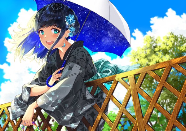 Anime picture 1416x1000 with original miyabi akino single looking at viewer blush fringe short hair open mouth black hair smile standing holding payot sky cloud (clouds) outdoors traditional clothes japanese clothes multicolored hair aqua eyes