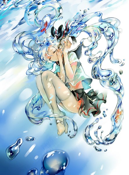 Anime picture 660x893 with vocaloid hatsune miku bottle miku funpjinju single tall image twintails blue hair eyes closed very long hair underwater embryo's pose liquid hair girl thighhighs uniform ribbon (ribbons) hair ribbon animal white thighhighs