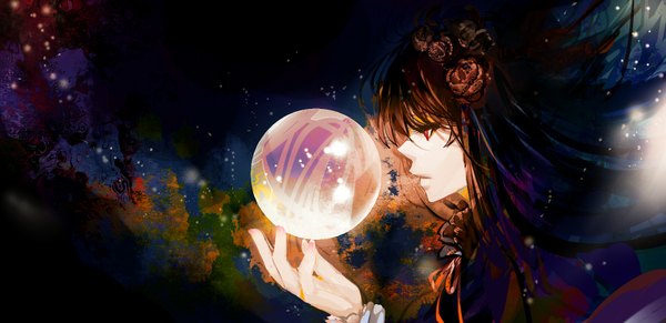 Anime picture 1771x860 with original single long hair highres red eyes brown hair wide image looking away profile hair flower girl hair ornament flower (flowers) rose (roses) ball