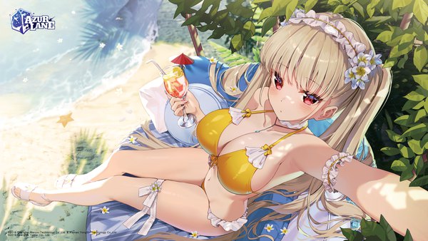 Anime-Bild 4000x2250 mit azur lane formidable (azur lane) rosuuri single long hair looking at viewer blush fringe highres breasts light erotic blonde hair red eyes wide image large breasts sitting twintails holding absurdres cleavage