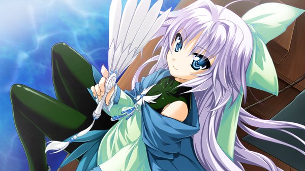 Anime picture 1280x720 with sangoku hime unicorn-a single long hair blue eyes wide image sitting game cg white hair girl fan