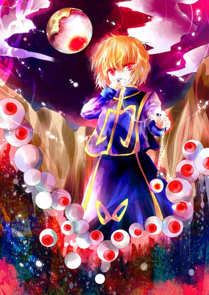 Anime picture 867x1224 with hunter x hunter kurapica kazu (muchuukai) single tall image fringe short hair blonde hair hair between eyes red eyes standing holding looking away covered mouth boy chain single earring eyeball tabard