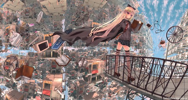 Anime picture 1300x694 with original john hathway single long hair looking at viewer fringe wide image standing purple eyes holding sky cloud (clouds) pleated skirt wind zettai ryouiki girl thighhighs skirt bow hair bow