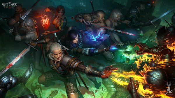 Anime picture 1920x1080 with the witcher the witcher 3 wild hunt ciri yennefer of vengerberg triss merigold geralt of rivia keira metz vesemir zoltan chivay lambert feihong chen long hair highres short hair breasts open mouth blue eyes black hair wide image purple eyes