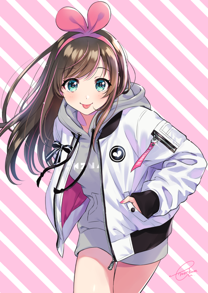 Anime picture 752x1062 with virtual youtuber a.i. channel kizuna ai morikura en single long hair tall image looking at viewer blush fringe simple background brown hair standing signed nail polish multicolored hair aqua eyes fingernails open jacket two-tone hair