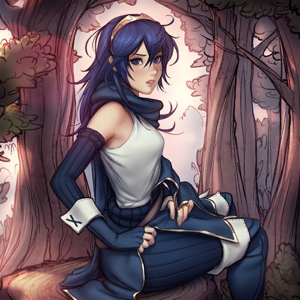 Anime picture 800x800 with fire emblem fire emblem awakening lucina (fire emblem) tsuaii single long hair fringe sitting purple eyes purple hair looking back lips realistic eyebrows girl gloves hair ornament plant (plants) tree (trees) elbow gloves