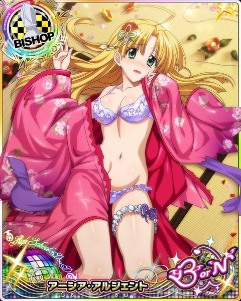 Anime picture 640x800 with highschool dxd asia argento single long hair tall image looking at viewer blush light erotic blonde hair green eyes lying traditional clothes japanese clothes torn clothes card (medium) girl navel hair ornament underwear panties