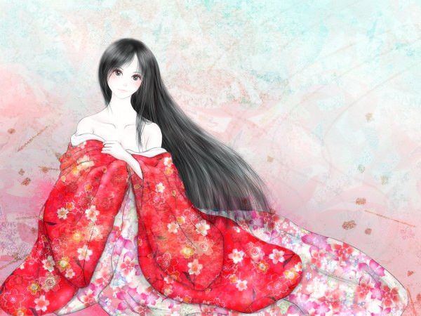 Anime picture 1450x1088 with original kota (pixiv) single long hair looking at viewer blush black hair sitting bare shoulders brown eyes traditional clothes head tilt japanese clothes light smile floral print eyeshadow covering girl kimono