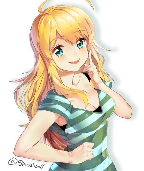 Anime picture 700x834 with idolmaster hoshii miki shovelwall single long hair tall image looking at viewer blush fringe simple background blonde hair smile white background green eyes signed cleavage ahoge from above striped girl
